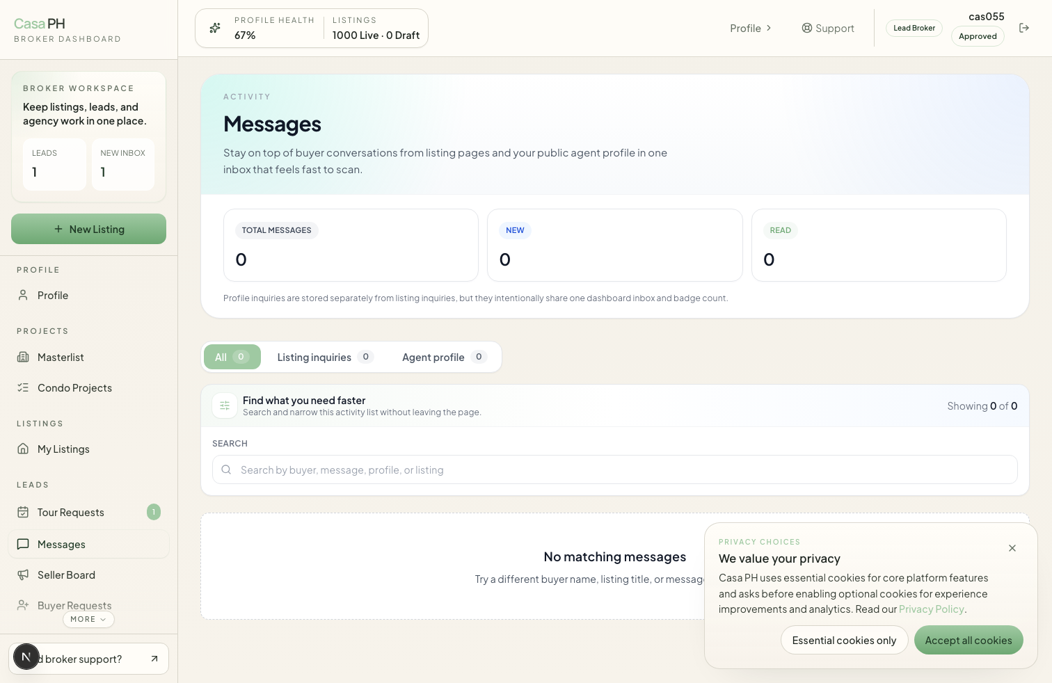 Inquiries screenshot from /dashboard/inquiries