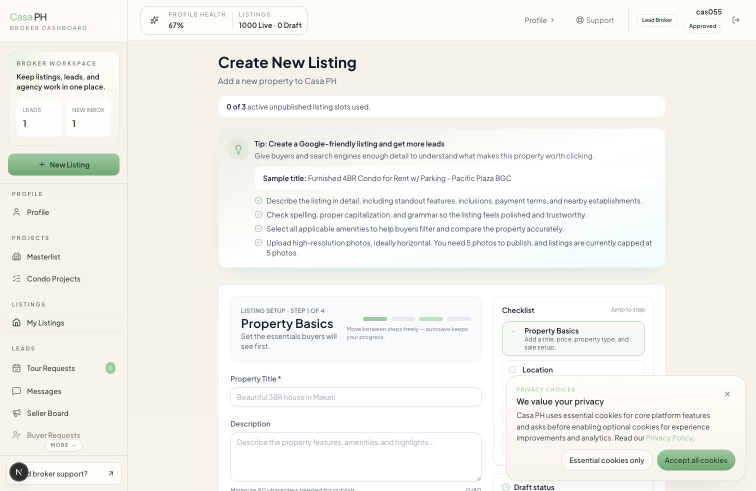 New Listing Flow screenshot from /dashboard/listings/new